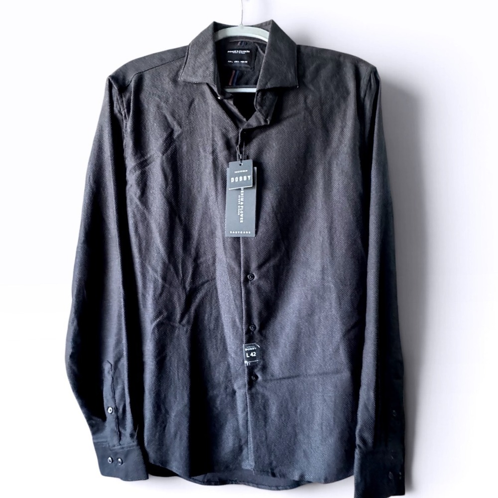 Denim & Flower Shirt Mens L Black Textured Dobby Bi-Stretch Long Sleeve Button U